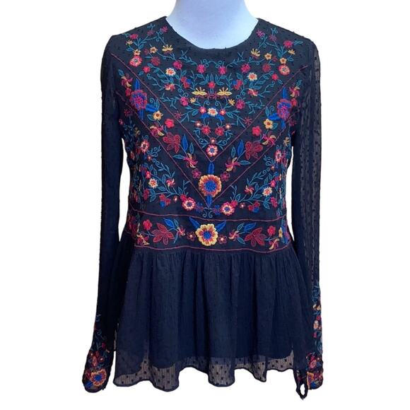 Zara Sheer Embroidered Floral German Ruffle Blouse Size XS - Picture 2 of 11